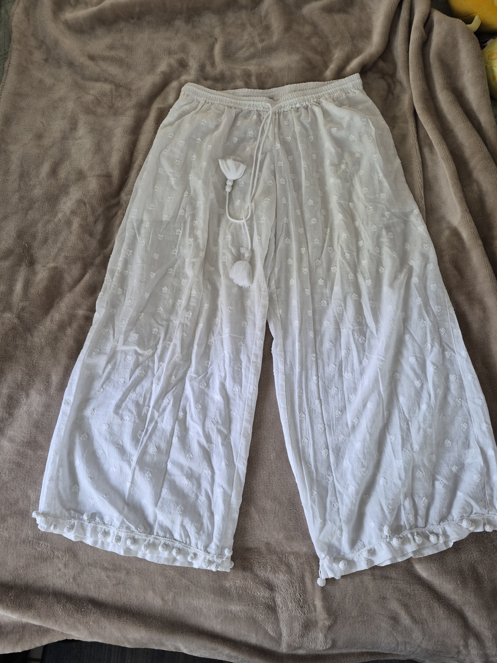 Women's White Boho Beach Cover-Up Pants – Wide Leg with Pom-Poms & Drawstring